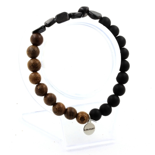 Hypersthene from Egypt + Matte black Onyx + wood Bracelet 8 mm Beads.