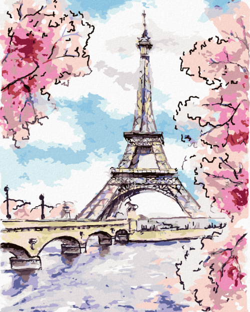 Paint by Numbers - EIFFEL TOWER IN PARIS WITH PINK FLOWERS