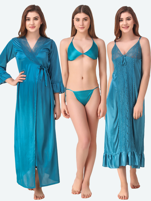 Romaisa Women's Satin Solid Blue Nightwear Set ( Pack of 4 )