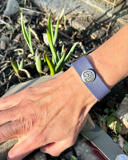 Navy Blue Leather Cuff with Silver Bird in Tree