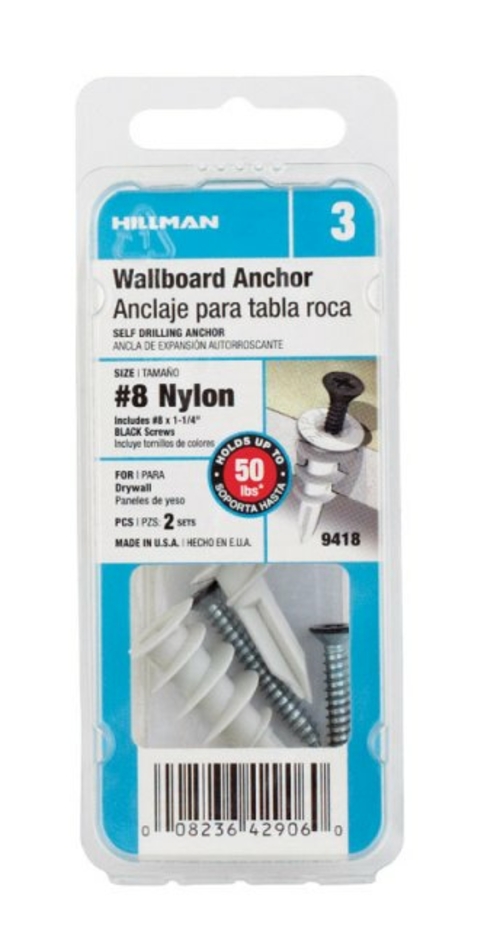 Hillman 9418 No.8 Wallboard Anchor  Black - pack of 6