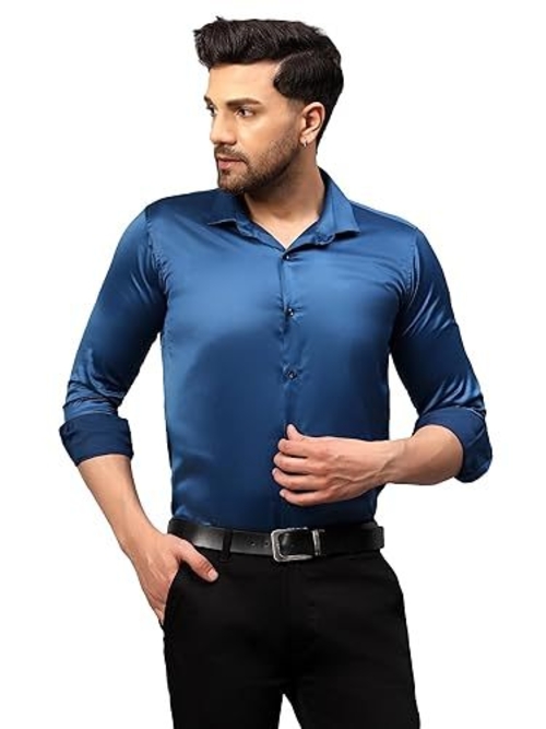 Men Regular Fit Full Sleeve Satin Silk Shirt (Size-L) (Color-TEAL
