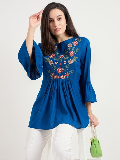 Women Floral Yoke Embroidered Fit & Flare Rayon Tunic (Color Teal