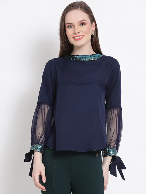 Women'S Straight Mock Neck Top (Size-M) (Color-Navy Blue )