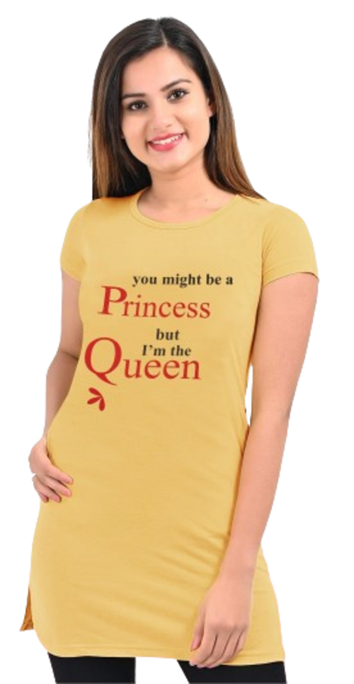 Women's Yellow Long Round Neck Tshirt with Two Size Cut Size M