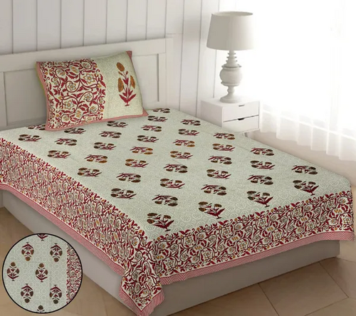 Pink Jaipuri 100% Cotton Single Badsheet with one Pillow Cover (Size