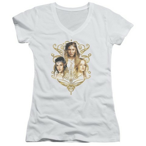 Lor-Women Of Middle Earth Junior V-Neck Tee, White - Medium