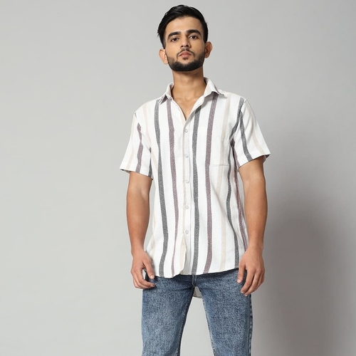 Men’s White Striped Cotton Half Sleeve Shirt (Size-M) (Color-WHITE)