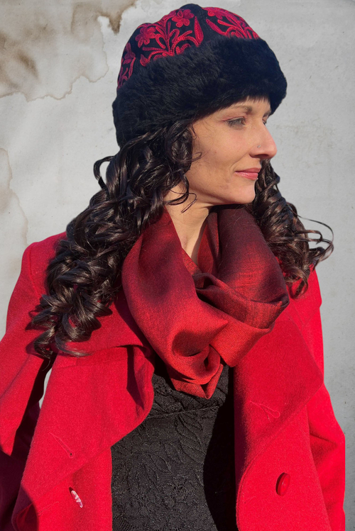 Red & Black Two Tone Wool And Silk Blend Scarf