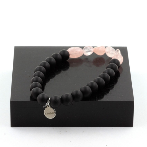 Rose Quartz from Brazil + Matte Black Onyx Bracelet 8 mm Beads.