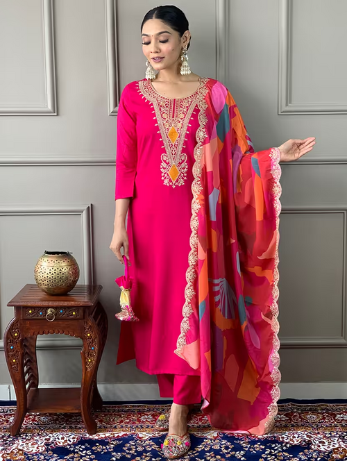 Women Three Quarter Sleeve Embroidered Suit Set (Size-L) (Color-Pink)