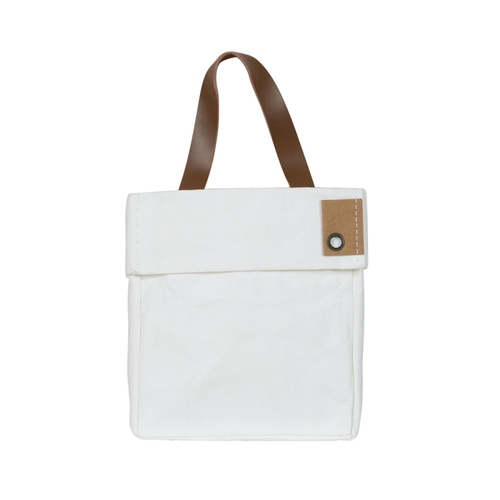 Washable Paper Bag with Leather Handle, White