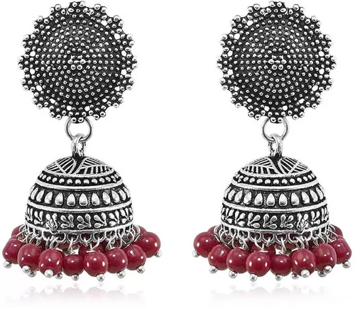 Women's Oxidised Silver plated Red beaded jhumka Jhumki Afghani