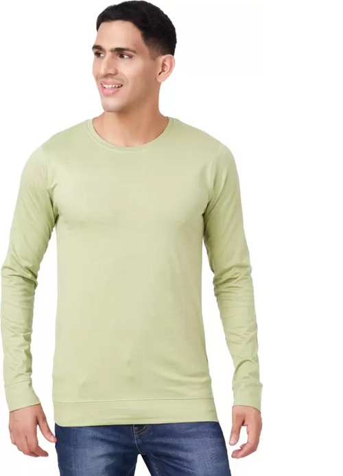 Men Solid Full Sleeves Round Neck Cotton Light Green T-Shirt (Size L)