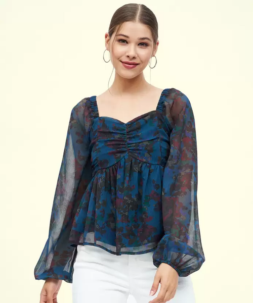 Casual Regular Sleeves Floral Print Women Blue Top (Size L)