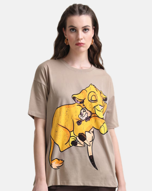 Cartoon Print Crew-Neck T-Shirt (SIZE-M) (COLOR-BEIGE)