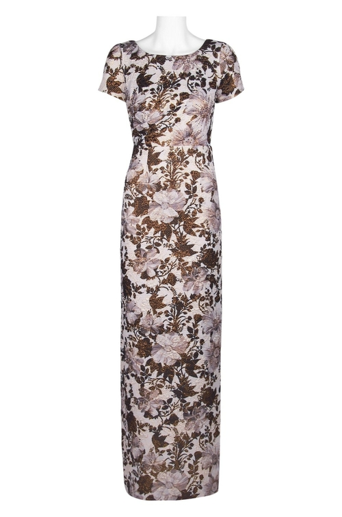 Adrianna Papell Boat Neck Short Sleeve Zipper Back Slit Back Floral