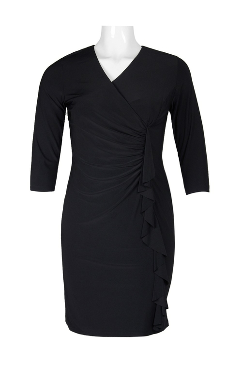 Evan Picone V-Neck Long Sleeve Gathered Side Solid Jersey Dress (Plus