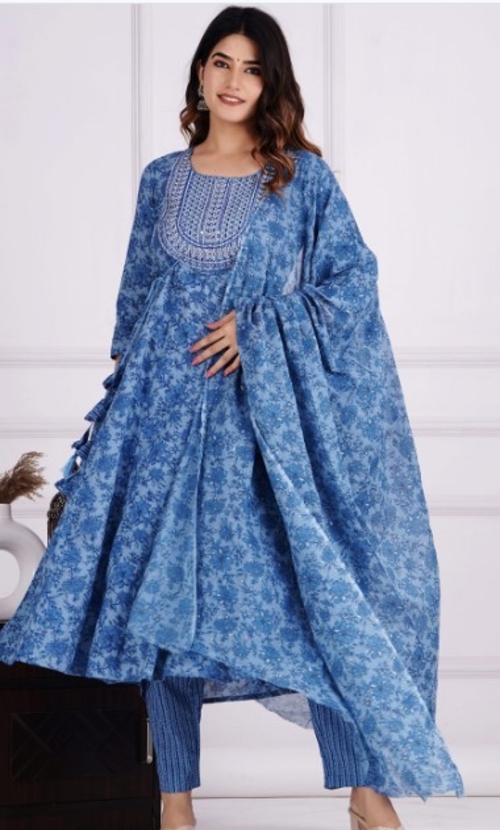 Floral Printed Regular Pure Cotton Kurta (SIZE-M) (COLOR-BLUE)