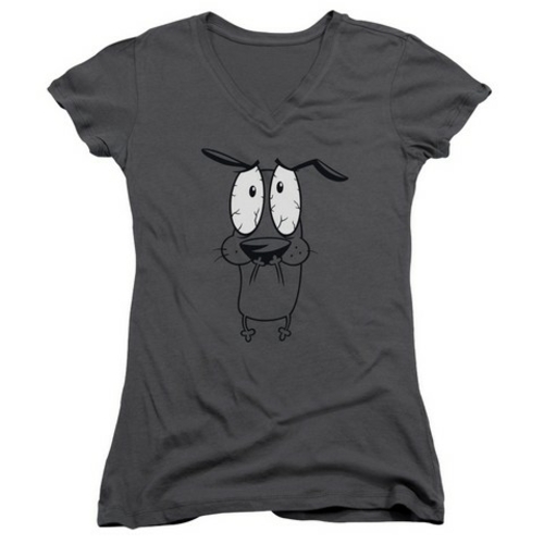 Trevco Courage The Cowardly Dog-Scared - Junior V-Neck Tee - Charcoal&