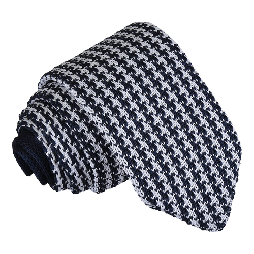 Houndstooth Knitted Slim Tie - White & Navy