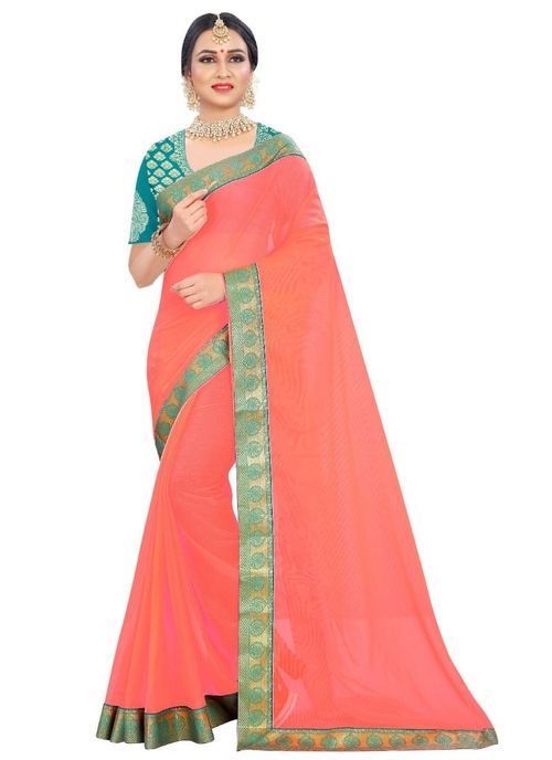 Generic Women's Chiffon Saree (Peach, 5-6 Mtrs)