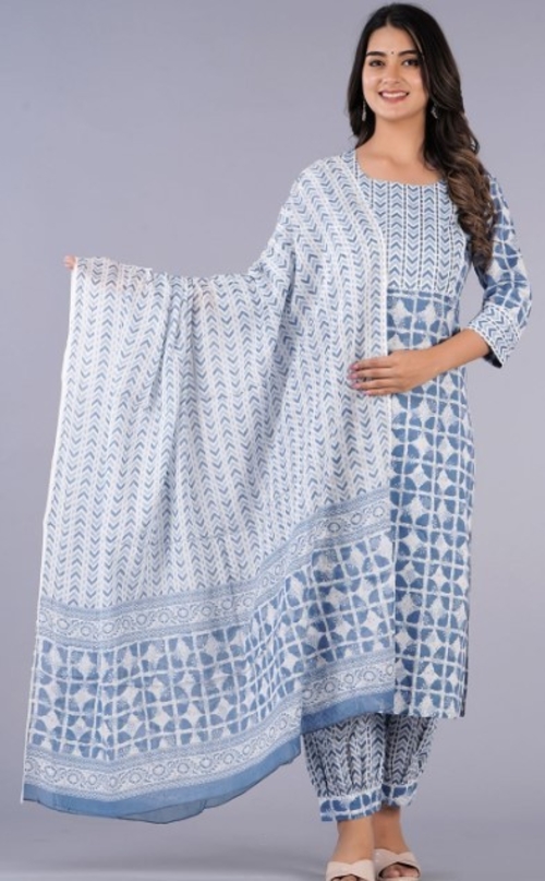 Geometric Print Pure Cotton Straight Kurta with Trousers & With