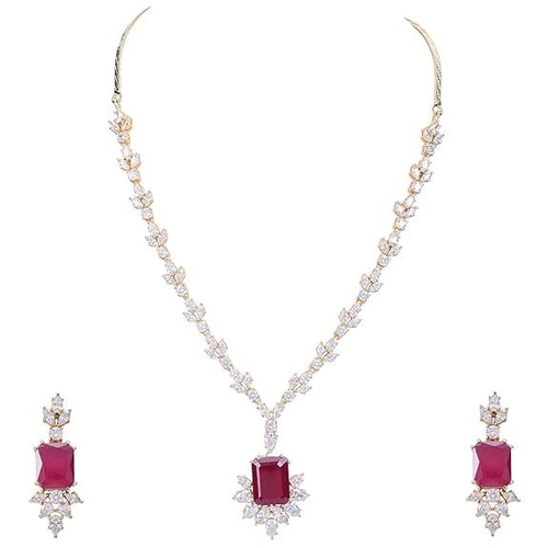 Gold Ruby Necklace Set Pendant with Earring for Women/Girls
