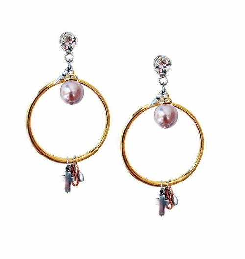 Gold dangle and drop earrings with rose pearls, rhinestones, brass and