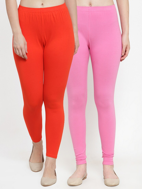 Women's Solid Ankle-Length Leggings (Pack of 2)(SizeS)(ColorRed &