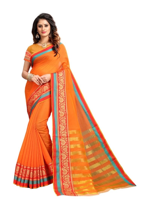 Generic Women's Cotton Silk Saree(Orange, 5.5-6