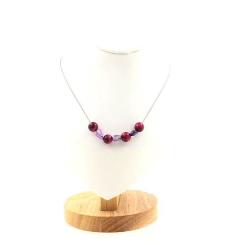 Amethyst + fuchsia Tiger's Eye 8 mm 7 beads necklace.
