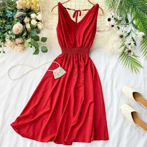 Korean Women V Neck Sleeveless Dress Female
