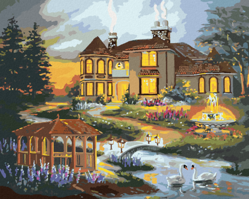 Zuty - Paint by Numbers - SWANS, GAZEBO AND FOUNTAIN BY THE HOUSE (D.