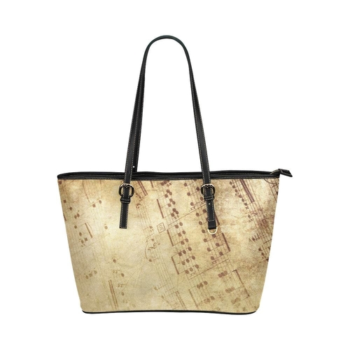 Large Leather Tote Shoulder Bag - Beige Musical Note Print