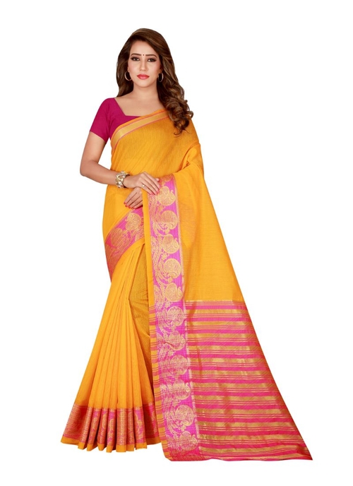 Generic Women's Cotton Silk Saree(Yellow, 5.5-6