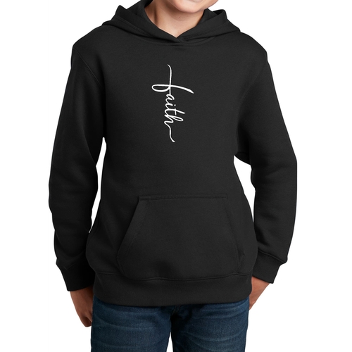 Youth Long Sleeve Hoodie Faith Script Cross Illustration