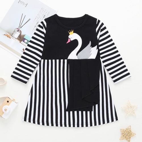 Long sleeve striped ruffled crown swan print