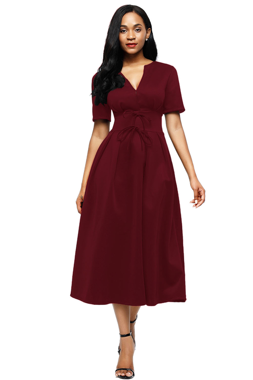 Claret Split Neck Short Sleeve Midi Dress with Bowknots