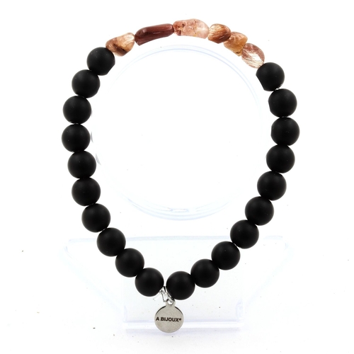 Red rutilated Quartz + Matte Black Onyx Bracelet 8 mm Beads.