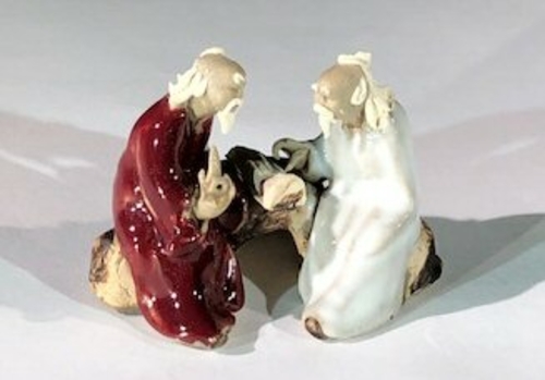 Ceramic FigurineTwo Men Sitting On A Bench - 2"Playing Musical