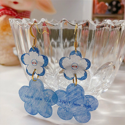 Blue Happy New Year Floral Earrings