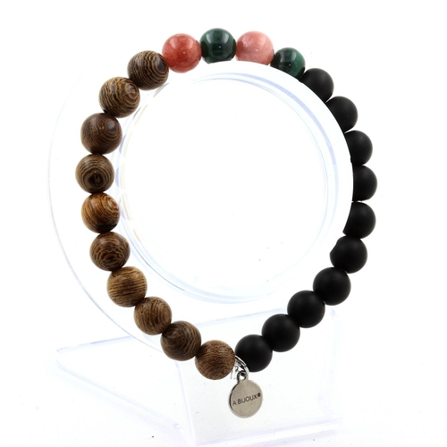 Malachite + Sunstone + Matte Black Onyx + Wood Bracelet 8 mm Beads.