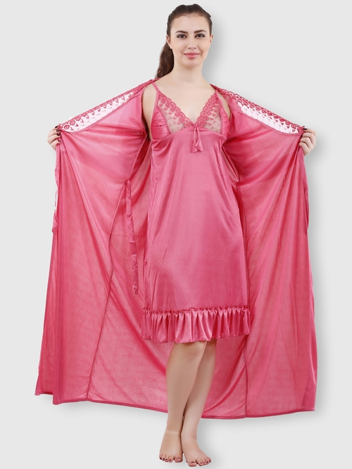 Romaisa Women's Satin Solid Pink Nighty with Robe
