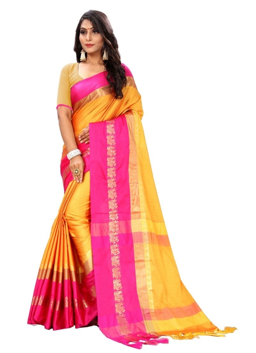 Generic Women's Cottton Silk Saree (Yellow And