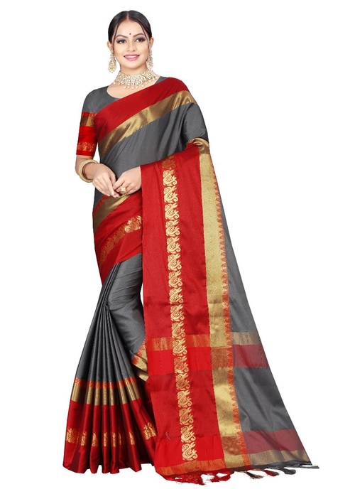 Generic Women's Cotton silk Saree (Gray, 5-6 Mtrs)