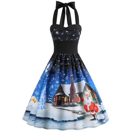 Christmas Print Sexy Halter Vintage Dress