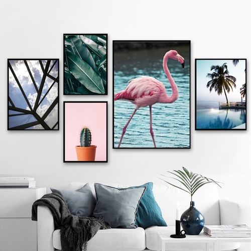 Flamingo Cactus Banana leaf Wall Art