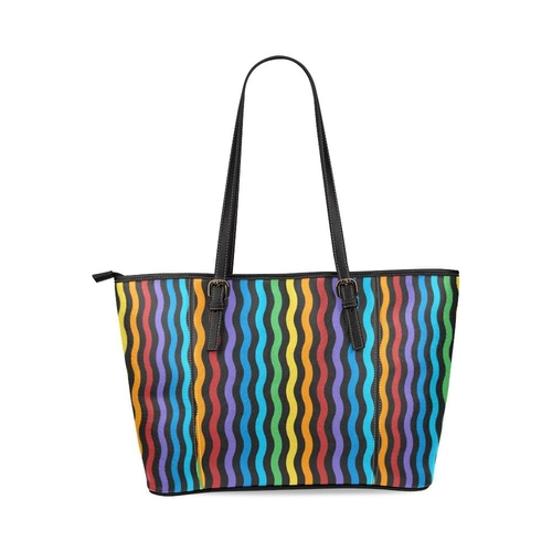 Large Leather Tote Shoulder Bag - Rainbow Stripe Illustration