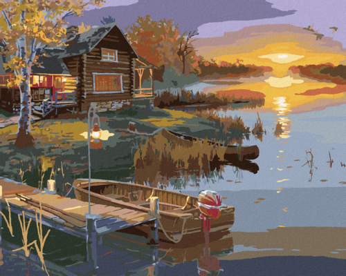 Zuty - Paint by Numbers - SUNSET, POND, PIER WITH A BOAT AND A HUT